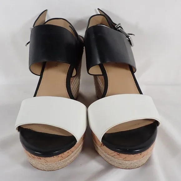 Antonio Melani Woman's 9M Leather Black and White Cork/Jute Wedge sandals - Picture 4 of 9